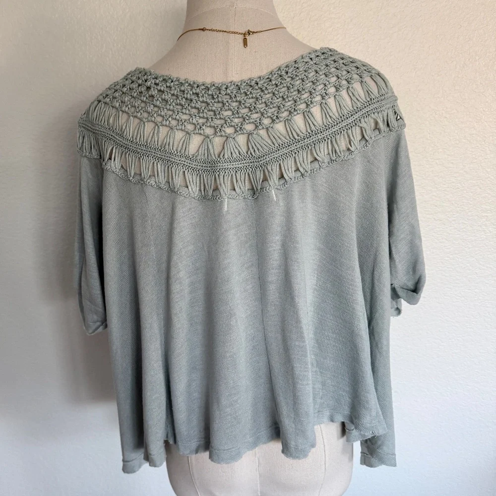 🩵 Free People Crochet Pale Baby Blue Colette Macrame Neckline Tee